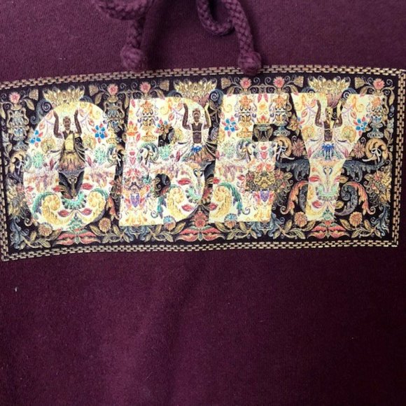 Obey Burgundy Floral/Figural Warrior Logo Hoodie - M - Picture 3 of 11